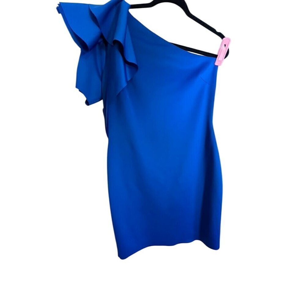 Badgley Mischka Neutral Dress 14 Blue One Shoulder Cocktail Midi Ruffle Sexy